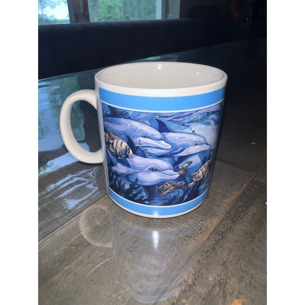Vintage 1997 Polar Graphics Jody Bergsma‎ Dolphin Sea Turtle Coffee Mug Blue